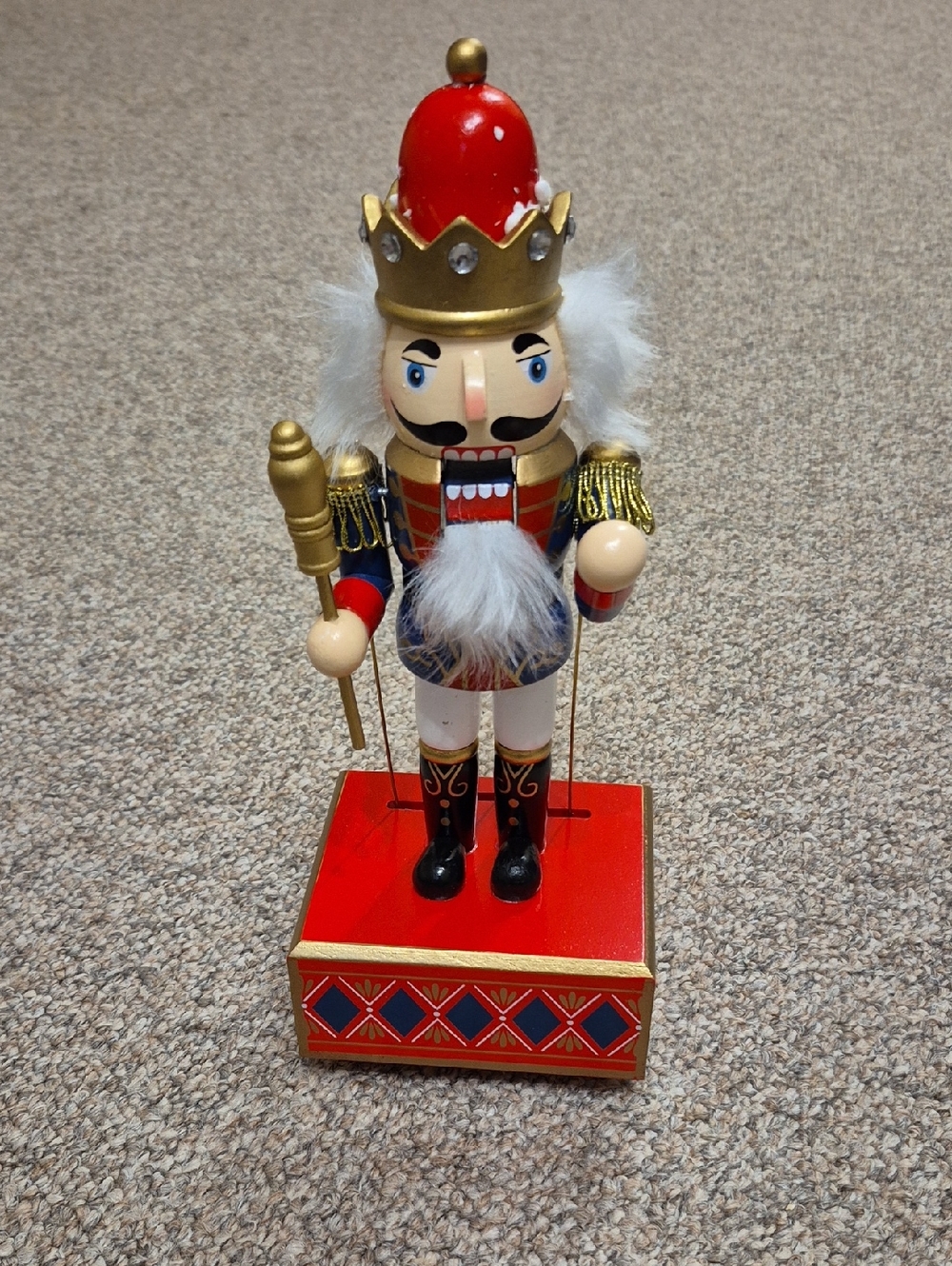 Classic Red Nutcracker Figurine with Gold Crown Musical Wind Up Box